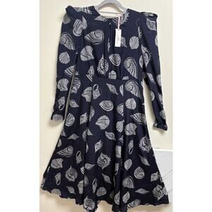 Vineyard Vines Tossed Shell Puff Sleeve Silk Midi Dress Women's 12 Navy Blue NWT